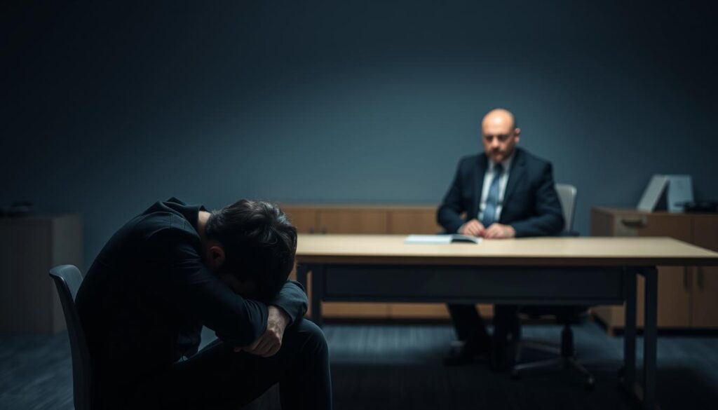 A somber, dimly-lit office scene. In the foreground, a dejected job candidate sits hunched over, head in hands, their body language conveying the weight of a failed interview. The middle ground features a plain, generic desk, a nameless, faceless interviewer sitting opposite the candidate, their expression stern and unforgiving. The background is blurred, hinting at the corporate environment - generic office furniture, bland walls, and a sense of impersonal, clinical detachment. The lighting is muted, casting shadows that emphasize the candidate's despair and the interviewer's unyielding demeanor. The overall atmosphere is one of tension, disappointment, and the profound impact a failed second interview can have on a job seeker's aspirations.