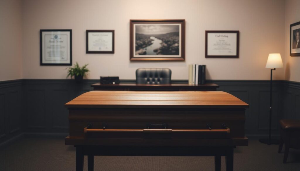 A somber, understated office setting. In the foreground, a sleek, wooden casket sits atop a simple, yet elegant stand. Behind it, a well-appointed desk with a nameplate reading "Funeral Director" commands the room. The walls are adorned with framed certificates and diplomas, signifying the specialized training and qualifications required for this profession. Soft, warm lighting illuminates the space, creating a contemplative atmosphere. The overall scene conveys the gravity and responsibility of the funeral director's role, guiding families through the delicate process of honoring the departed.