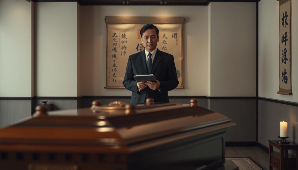 A somber, well-lit interior of a traditional Japanese funeral home. In the foreground, a casket sits atop a pedestal, its polished wood gleaming. In the middle ground, a funeral director, dressed in a dark suit, stands with a serene expression, clipboard in hand. The background features muted tones, with delicate calligraphic scrolls adorning the walls and the soft glow of incense candles casting a warm, reverent atmosphere. The scene conveys the quiet dignity and professionalism of the funeral industry, hinting at the careful considerations and specialized skills required of a career as a Japanese "納棺師" or funeral director.