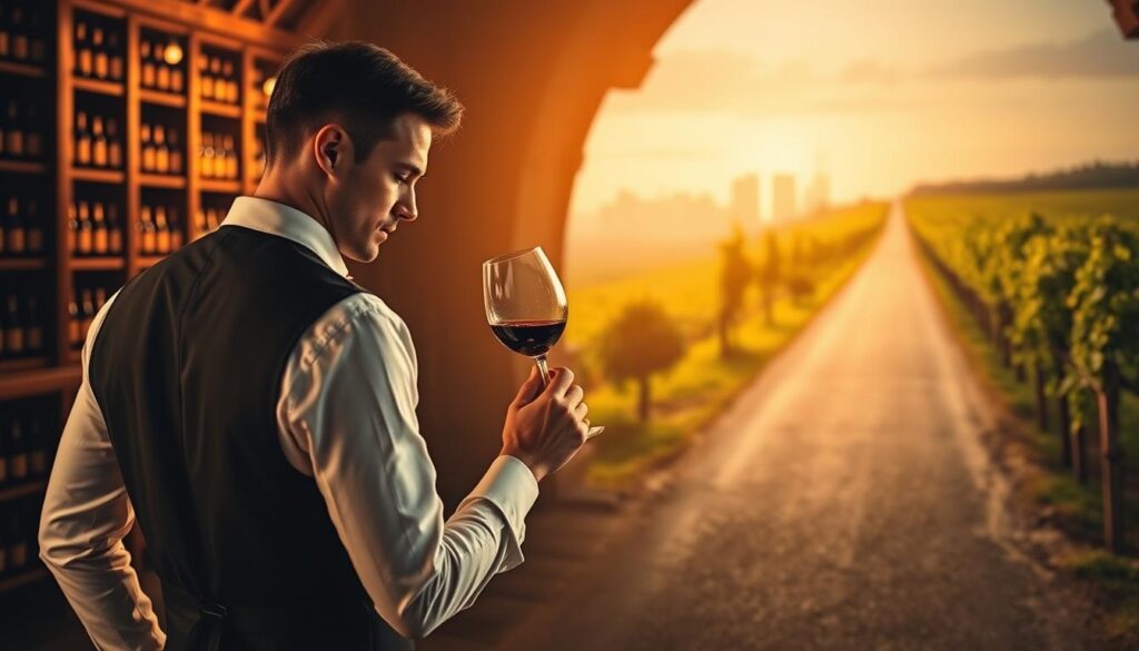 A sommelier standing at a crossroads, contemplating their career path. The foreground features the sommelier dressed in a crisp white shirt and black vest, holding a wine glass and examining it intently. The middle ground showcases a dimly lit wine cellar, filled with oak barrels and bottles, hinting at the sommelier's deep knowledge and passion for wine. The background depicts a split road, with one path leading to a bustling city skyline, representing the potential for growth and advancement, and the other path winding through a serene vineyard, symbolizing the tranquility and connection to the land. Warm, golden lighting casts a contemplative atmosphere, as the sommelier ponders the next step in their sommelier journey.