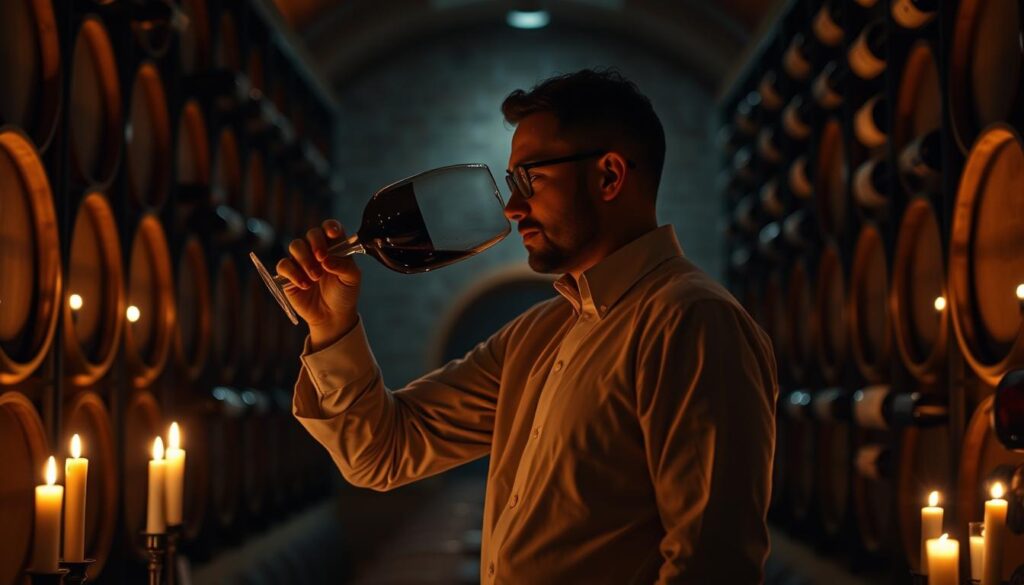 A sommelier stands amidst a dimly lit wine cellar, their silhouette illuminated by the soft glow of candles and the reflection of oak barrels. They swirl a glass of ruby-red wine, expertly evaluating its aroma and flavor profile. The walls are lined with towering shelves, brimming with bottles of rare and vintage wines. A sense of reverence and deep knowledge pervades the scene, capturing the essence of the sommelier's craft - a harmonious blend of sensory analysis, wine expertise, and impeccable service. The composition is balanced, with the sommelier as the focal point, surrounded by the tools of their trade in a setting that evokes the ambiance of a fine dining establishment.