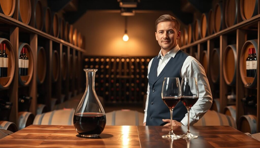 A sommelier stands proudly in a dimly lit wine cellar, surrounded by rows of meticulously organized bottles. The soft, warm lighting casts a rich, golden glow, highlighting the sommelier's refined attire and confident posture. In the foreground, a decanter of fine wine rests on a polished wooden table, accompanied by a set of elegant glassware. The background is filled with the subtle hues of oak barrels and the earthy scents of aging vintages, creating an atmosphere of refined elegance and expertise. The sommelier's unwavering gaze and the well-curated selection of wines convey a sense of mastery and success in the field of wine.