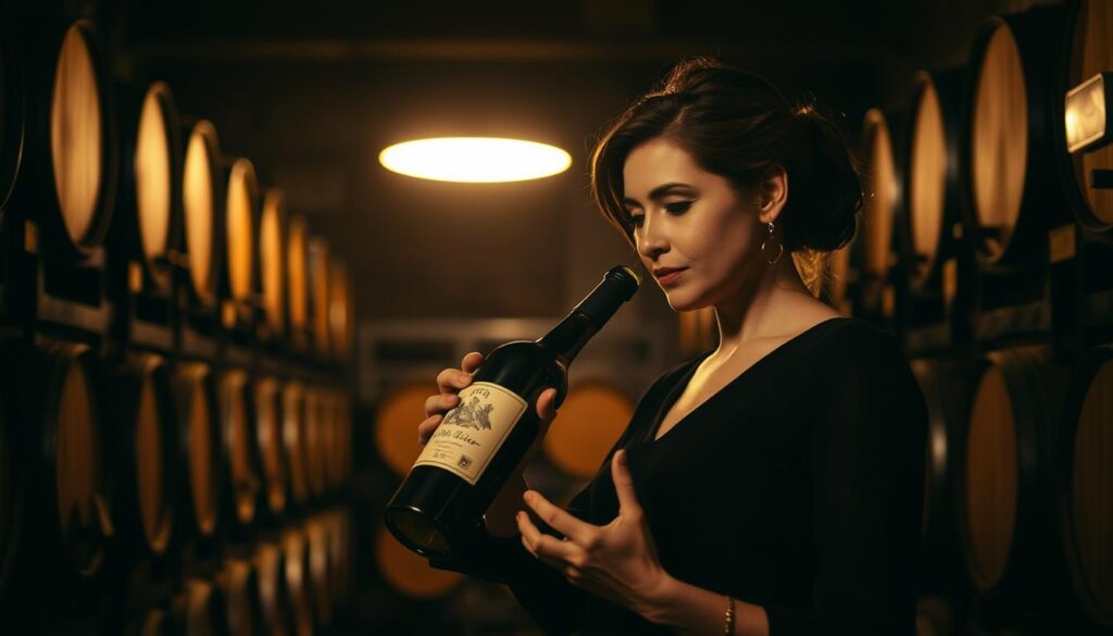 A sommelière standing in a dimly lit wine cellar, surrounded by rows of oak barrels and bottle-lined shelves. The warm glow of a single overhead light casts a soft, golden hue, highlighting the intricate label of a prestigious bottle in her hand. Her expression is one of deep contemplation as she swirls the wine, assessing its aroma and flavor profile. The background is shrouded in shadows, emphasizing the quiet, meditative atmosphere of the space and the sommelière's intense focus on the economics of her craft.