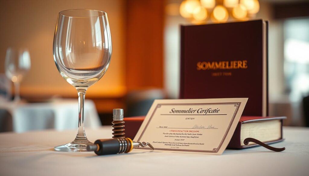 A sommeliere's certification, captured in a refined and elegant setting. A softly lit table showcases a delicate wine glass, a corkscrew, and a burgundy-colored book, emblematic of the sommelier's expertise. The background features a blurred, warm-toned backdrop, evoking the ambiance of a fine dining establishment. The composition emphasizes the importance and prestige of the sommelier's credentials, conveying the passion and dedication required to attain this specialized qualification.