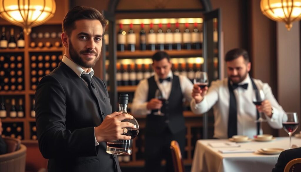 A sommelier's career path unfolds like a fine wine, with each step enriching their expertise. In the foreground, a sommelier stands tall, holding a decanter, their gaze filled with the passion of their craft. The middle ground reveals a sommelier navigating a wine cellar, surrounded by the elegant bottles that hold the secrets of the vine. In the background, a sommelier presents a meticulously selected vintage to a discerning diner, their knowledge and poise shining through. The scene is bathed in warm, inviting lighting, capturing the sommelier's journey from connoisseur to trusted guide, each step a testament to their dedication and the allure of the sommelier's life.