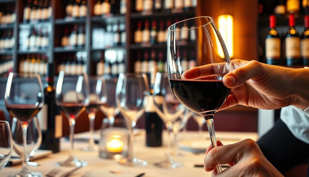 A sommelier's greatest delight: an elegant table adorned with crystal glassware, surrounded by fine vintages. In the foreground, a hand delicately swirls a glass of deep red wine, revealing its complex bouquet. Soft, warm lighting casts a cozy glow, while in the background, shelves brimming with prestigious labels hint at the sommelier's vast knowledge. The scene exudes a sense of connoisseurship, where the appreciation of flavor, aroma, and presentation converge to create a truly transcendent dining experience.