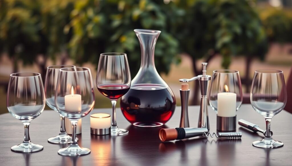 A sommelier's tasting set, meticulously arranged on a dark wooden table. In the foreground, a set of delicate wine glasses, each reflecting the warm glow of a single candle. In the middle ground, a decanter filled with a deep, ruby-red wine, alongside a selection of elegant wine tools - a corkscrew, a wine stopper, and a wine aerator. In the background, a soft, blurred backdrop of lush, green vines, hinting at the origins of this fine vintage. The scene exudes an air of sophistication and expertise, capturing the essence of the sommelier's craft.