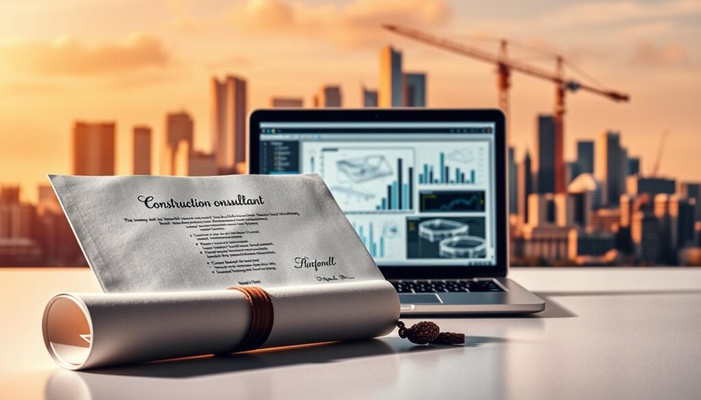 A sophisticated and authoritative image of the essential credentials for a construction consultant. In the foreground, a well-crafted diploma or certification document showcases the specialized training and accreditations required for this profession. The middle ground features a laptop or tablet displaying engineering schematics and project management software, highlighting the technical skills and digital tools essential to the role. In the background, a cityscape of skyscrapers and cranes symbolizes the complex infrastructure projects that construction consultants oversee. The scene is illuminated by warm, directional lighting that casts shadows and emphasizes the gravity and importance of these professional qualifications.