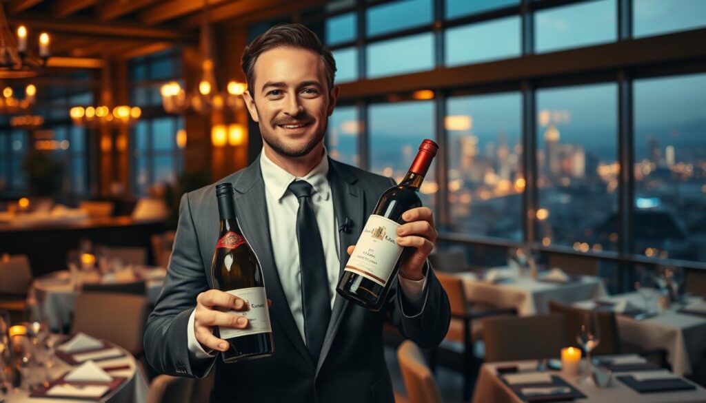 A sophisticated and refined sommelier presenting an exceptional wine selection in an elegant restaurant setting. The sommelier stands in the foreground, dressed in a sharp suit, holding a bottle of vintage wine with a confident and knowledgeable expression. The middle ground features a well-appointed dining room with tasteful decor, fine linens, and the ambient glow of candles. The background showcases a panoramic view of a bustling city skyline, hinting at the sommelier's prestigious establishment. The lighting is warm and inviting, casting a soft, cinematic quality over the scene. The overall atmosphere exudes sophistication, expertise, and the celebration of culinary excellence.