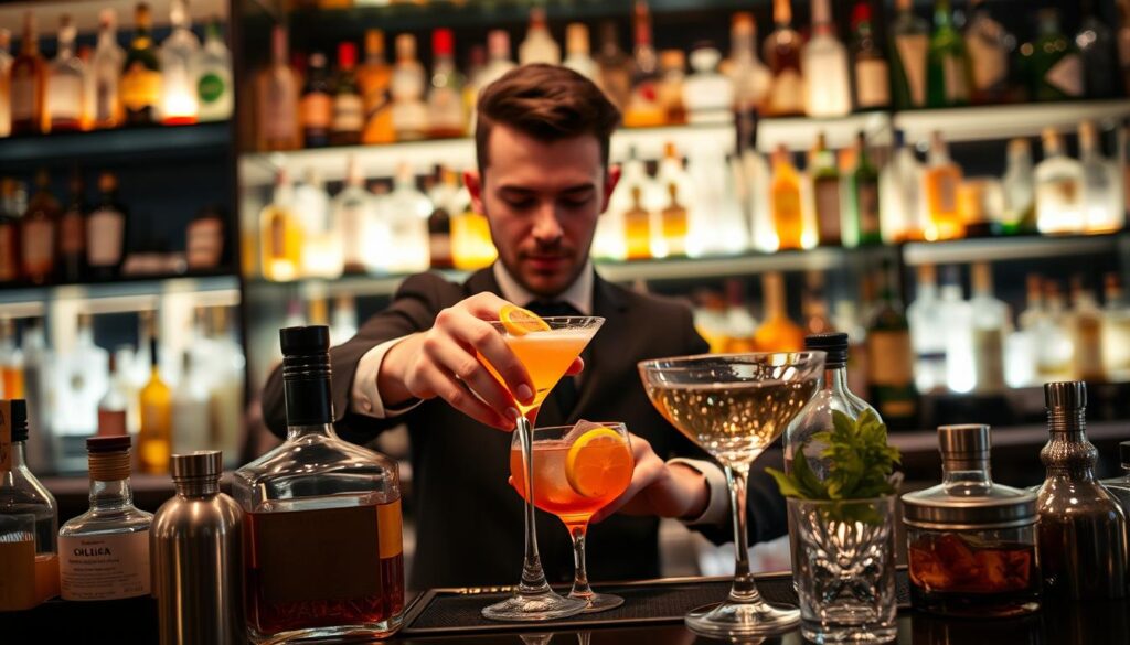 A sophisticated bartender mixing drinks, showcasing their deep knowledge of alcoholic beverages and flavor profiles. A well-stocked bar in the background, with a warm, inviting lighting that creates a cozy, high-end atmosphere. The bartender's hands are in focus, meticulously crafting a cocktail, while the array of liquor bottles, glassware, and garnishes in the foreground hint at the breadth of their expertise. The image conveys the bartender's dedication to their craft and the importance of their specialized skills in the hospitality industry.