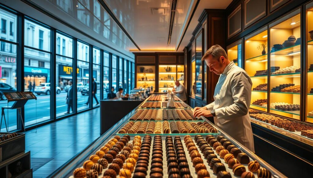 A sophisticated chocolate atelier, its interior bathed in soft, warm lighting that casts a golden glow on the gleaming display cases. In the foreground, an array of meticulously crafted chocolates, each a work of art, tempting the senses. The master chocolatier, clad in a crisp white coat, stands behind the counter, skillfully arranging the delectable confections. In the background, a wall of floor-to-ceiling windows offers a glimpse of a bustling city street, hinting at the high-end clientele that frequents this esteemed establishment. The atmosphere exudes a sense of luxury, passion, and the pride of a true artisan, reflecting the substantial earnings of this elite profession.