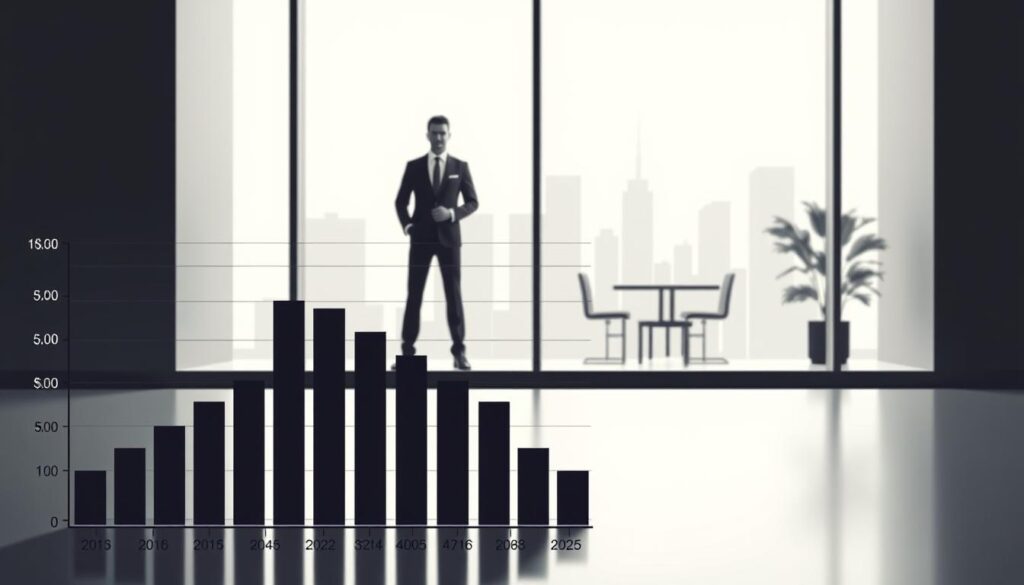 A sophisticated digital illustration depicting the annual income of a professional designer. The foreground showcases a stylized graph or chart visualizing the range of designer salaries, with bars or lines representing different experience levels or specializations. The middle ground features a designer figure, elegantly dressed, standing in a modern, minimalist office setting with clean lines and a monochromatic color palette. The background subtly hints at the broader design industry, with a cityscape or workspace environment providing context. The lighting is soft and directional, creating depth and highlighting the key elements. The overall mood is one of professionalism, data-driven insights, and the valued role of designers in the creative economy.