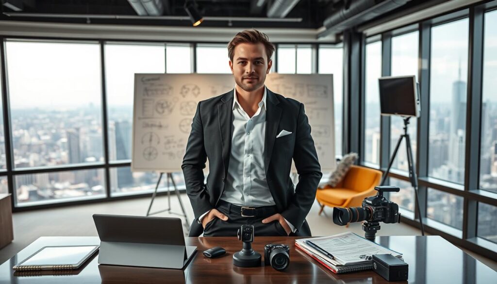 A sophisticated executive producer stands confidently in a sleek, modern office setting. Soft, directional lighting highlights their polished appearance and commanding presence. In the foreground, a neatly organized desk showcases an array of managerial tools - a tablet, a high-end laptop, and a professional-grade camera, symbolizing their multifaceted skillset. The middle ground features a large whiteboard covered in detailed plans and schematics, hinting at their ability to strategize and coordinate complex projects. In the background, floor-to-ceiling windows offer a panoramic view of a bustling cityscape, reflecting the executive's wide-ranging influence and industry connections. The overall atmosphere conveys a sense of authority, adaptability, and a keen eye for both the big picture and intricate details.