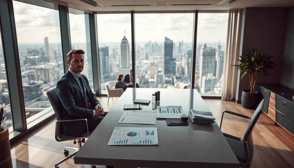 A sophisticated financial office interior with a large window overlooking a cityscape. In the foreground, a confident fund manager sits at a sleek, minimalist desk, surrounded by analytical charts, graphs, and financial reports. Subtle lighting creates a sense of focus and concentration. The middle ground features a team of analysts collaborating on investment strategies, while the background showcases a panoramic view of the urban landscape, symbolizing the global reach and influence of the fund management profession. An atmosphere of professionalism, expertise, and strategic decision-making permeates the scene.