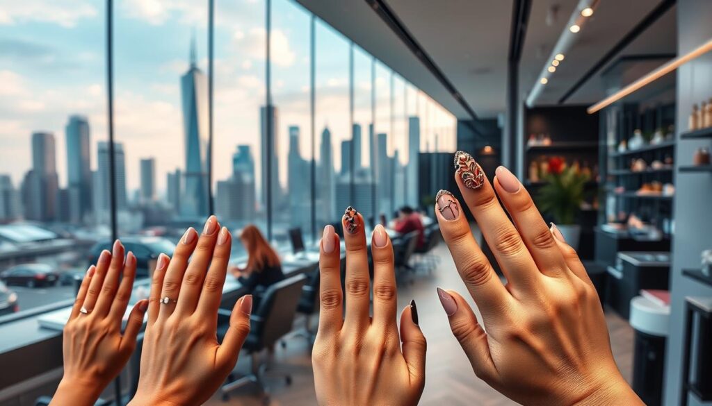 A sophisticated, high-resolution image of the current state of the nail industry. In the foreground, a diverse array of intricate nail designs showcased on elegantly manicured hands, demonstrating the artistry and creativity of skilled nail technicians. In the middle ground, a nail salon setting with modern, minimalist decor and customers receiving services. In the background, a cityscape with towering skyscrapers, reflecting the growth and prominence of the nail industry in the urban landscape. The lighting is soft and flattering, captured with a wide-angle lens to convey a sense of depth and grandeur. The overall mood is one of professionalism, innovation, and the thriving nature of the nail art industry.