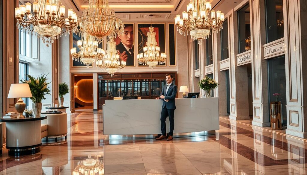 A sophisticated hotel lobby with gleaming marble floors and ornate chandeliers casting a warm, inviting glow. In the center, a sleek, modern concierge desk is staffed by a well-dressed professional, greeting guests with a welcoming smile. The background showcases the hotel's elegant decor, hinting at the luxury and high-end service one might expect. The lighting is carefully balanced, creating a sense of glamour and refinement. The overall mood conveys the prestige and financial stability associated with a successful, high-end hotel concierge role.