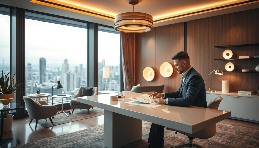 A sophisticated office interior with warm, ambient lighting. In the foreground, a well-dressed lighting designer sits at a sleek, minimalist desk, reviewing schematics and sketches. The middle ground features various lighting fixtures and prototypes, showcasing the designer's expertise. The background depicts a panoramic city view through floor-to-ceiling windows, hinting at the designer's influence and the high-end clientele they serve. The scene conveys a sense of professionalism, creativity, and the financial rewards associated with a successful lighting design career.