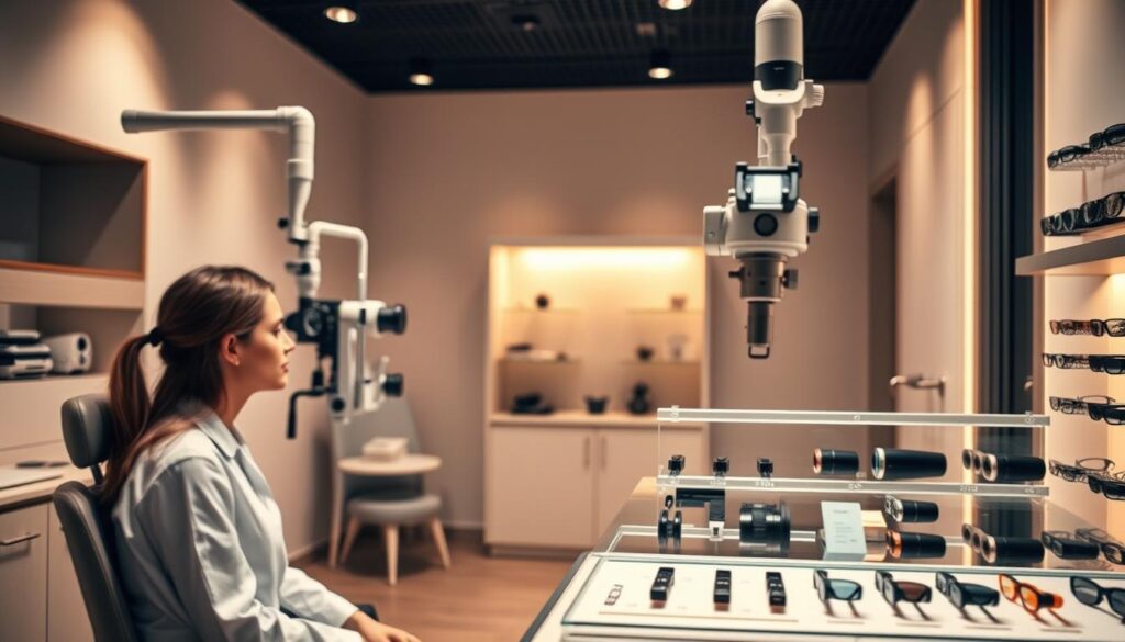 A sophisticated ophthalmology clinic, bathed in warm, diffused lighting. In the foreground, a patient sits calmly, undergoing a comprehensive visual assessment. The optometrist, clad in a crisp white coat, skillfully operates advanced diagnostic equipment, their movements precise and attentive. In the middle ground, a display of specialized lenses and prisms, each meticulously arranged, speaks to the depth of technical expertise. The background reveals a serene, minimalist interior design, creating a calming atmosphere conducive to the delicate procedures of visual rehabilitation.