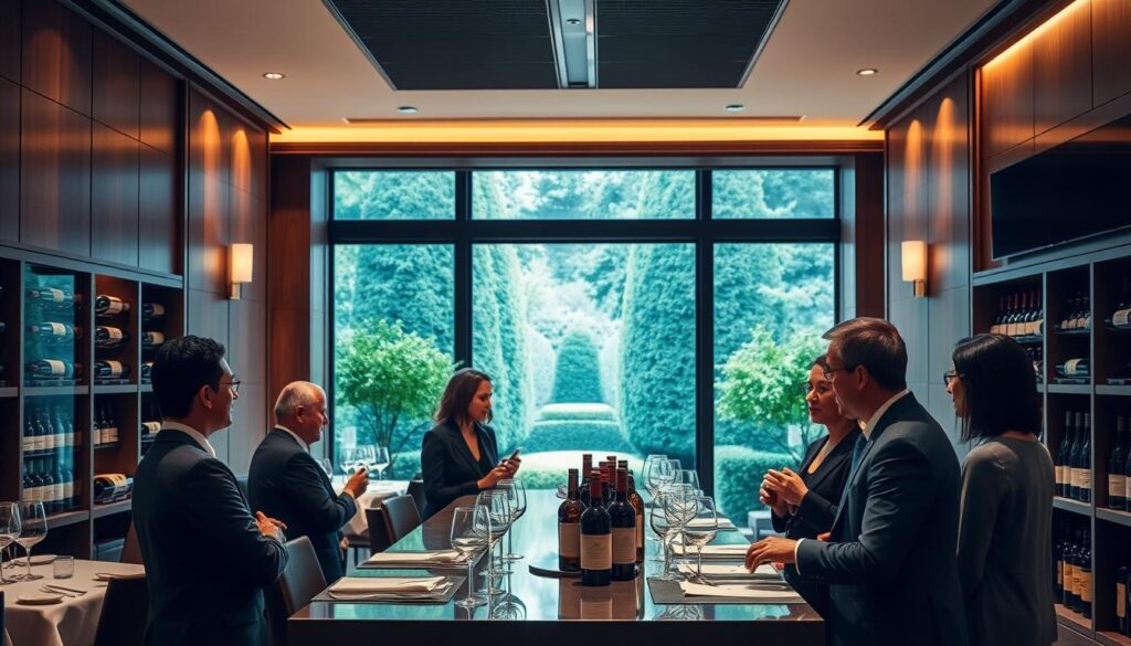 A sophisticated restaurant interior with a well-stocked wine cellar, featuring elegant wood paneling, soft indirect lighting, and a central tasting counter where a sommelier is engaged in an animated discussion with a group of discerning patrons. In the background, a large window provides a view of a lush, manicured garden, creating a serene and refined ambiance. The sommelier is dressed impeccably in a tailored suit, exuding an air of expertise and professionalism as they guide their guests through the nuances of the establishment's extensive wine selection.