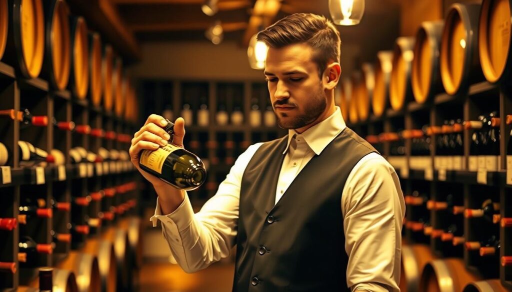 A sophisticated sommelier in a well-appointed wine cellar, surrounded by rows of fine vintages. The scene is bathed in warm, golden lighting, casting a rich, inviting ambiance. The sommelier, dressed in a crisp white shirt and black waistcoat, examines a rare bottle, their face conveying deep contemplation and expertise. In the background, oak barrels and wine racks create a sense of timeless elegance. The composition emphasizes the sommelier's elevated position, hinting at the prestige and earning potential of this esteemed profession.