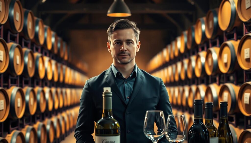 A sophisticated sommelier standing confidently in a grand wine cellar, surrounded by rows of aged oak barrels and illuminated by warm, soft lighting. In the foreground, a selection of premium wine bottles and glasses, hinting at the sommelier's expertise in pairing and serving. The sommelier's expression conveys a sense of passion and determination, reflecting the dynamic growth and promising future of this specialized profession. The scene evokes a harmonious blend of tradition and innovation, capturing the essence of the sommelier's craft and the allure of the wine industry.