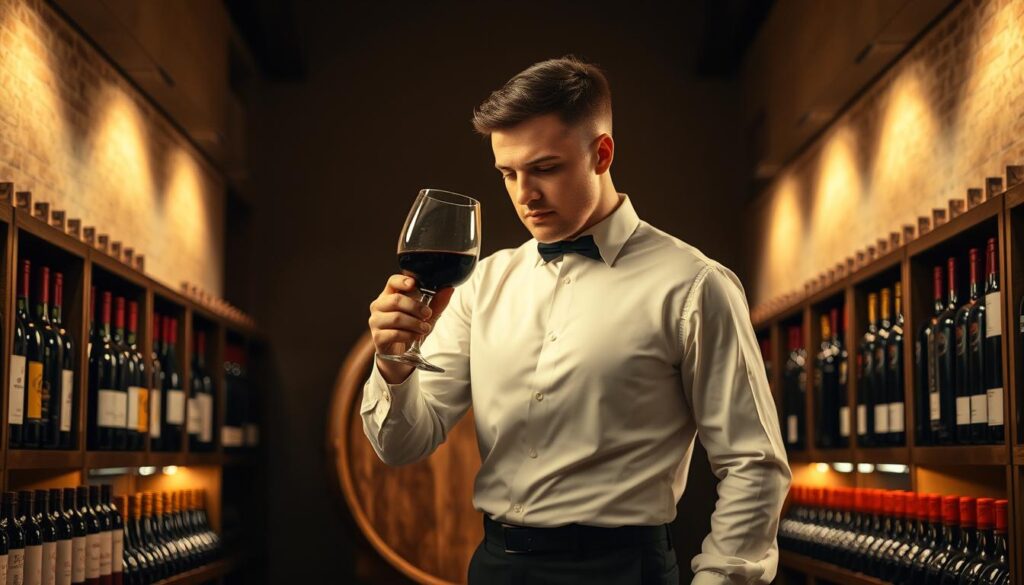 A sophisticated sommelier stands amidst a sophisticated wine cellar, examining a glass of fine red wine with an expert eye. The cellar is dimly lit, casting a warm, golden glow across the scene. Bottles of rare vintages line the walls, while a large oak wine cask dominates the middle ground. The sommelier's posture is poised and confident, their expression thoughtful as they swirl the wine, taking in its aroma and color. The atmosphere is one of refined elegance and deep appreciation for the art of winemaking.