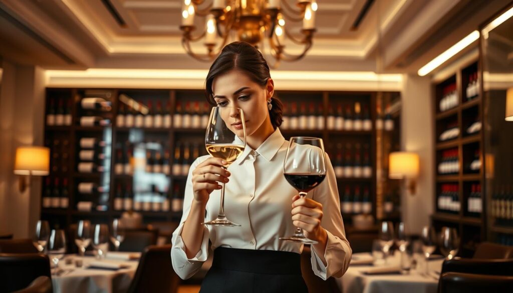 A sophisticated sommelière standing amidst a elegant dining room, illuminated by warm, soft lighting. She is holding a wine glass, examining its bouquet with a discerning gaze. The background features a well-stocked wine cellar, its shelves lined with premium bottles. The scene conveys the expertise, refined taste, and high-end, luxurious nature of the sommelier profession and its lucrative earning potential.