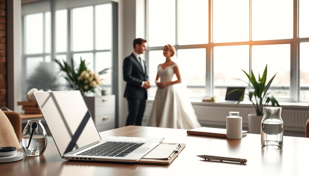 A sophisticated wedding industry suitability evaluation scene. A professional wedding planner desk in the foreground, with a laptop, clipboard, and wedding-related objects. In the middle ground, a couple in wedding attire stands, undergoing an assessment interview. The background features a clean, modern office interior with large windows letting in soft, directional lighting. The mood is serious yet hopeful, conveying the importance of the evaluation process for aspiring wedding professionals. A high-quality, realistic illustration capturing the essence of the "Characteristics and Suitability Check" section.