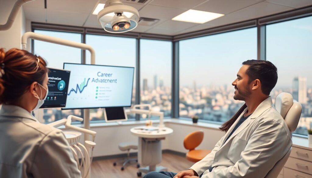 A sophisticated, well-lit dental office interior with a cheerful, modern atmosphere. In the foreground, a dental professional in a crisp white coat consults with a patient, gesturing to a digital display showcasing career advancement opportunities. The middle ground features various dental instruments and equipment, conveying the technical expertise required. In the background, a panoramic window overlooking a vibrant cityscape, symbolizing the growth potential of the dental field. Warm, indirect lighting casts a professional glow, and the composition is balanced, clean, and inviting, reflecting the rewarding career path of a co-dental professional.