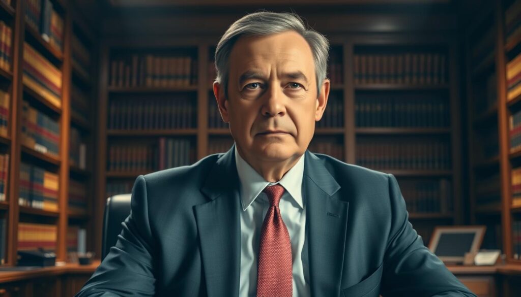 A sophisticated, well-lit portrait of a prominent commissioner, dressed in a tailored suit and sitting at a mahogany desk. The commissioner's expression is one of authority and professionalism, their gaze direct and penetrating. The background features floor-to-ceiling bookshelves, casting a warm, scholarly ambiance. Soft, directional lighting illuminates the scene, creating dramatic shadows and highlights that accentuate the commissioner's features. The overall mood is one of power, intellect, and gravitas, befitting the stature and importance of this influential public figure.