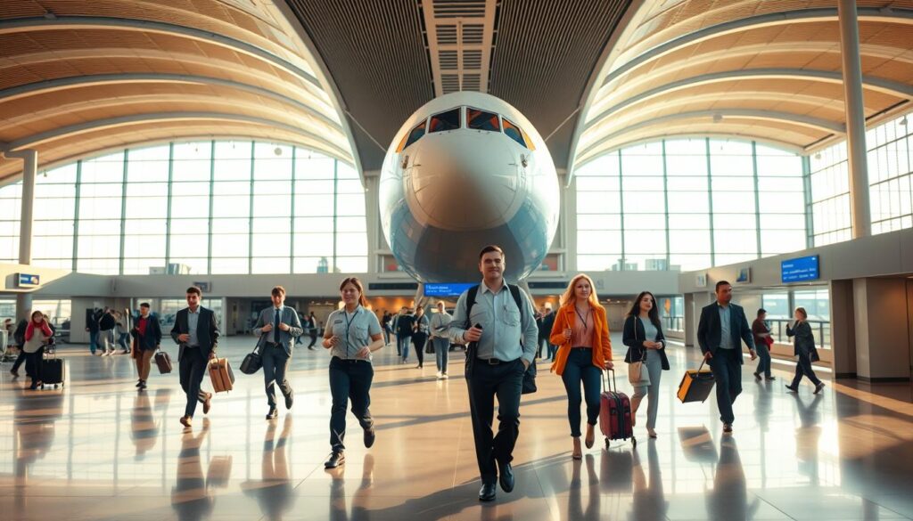 A spacious airport terminal, bathed in warm, natural lighting filtering through expansive windows. In the foreground, a team of skilled ground staff efficiently navigating the busy tarmac, their coordinated movements and attentive demeanor reflecting the core competencies of an airport professional - adaptability, communication, problem-solving, and customer service. In the middle ground, a group of passengers awaiting their flights, their expressions a testament to the staff's ability to maintain a calm and hospitable atmosphere. The background showcases the grand architecture of the airport, the sweeping curves of the ceiling and the harmonious blend of modern materials, hinting at the technical knowledge and logistical expertise required to manage the complex operations of a thriving international airport.