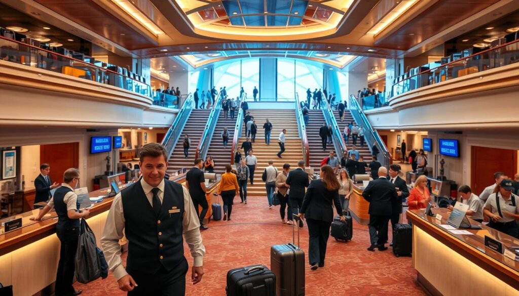 A spacious and bustling cruise ship interior, with a panoramic view of the main lobby. In the foreground, a uniformed purser diligently manages passenger check-in and luggage handling, overseeing a team of assistants. In the middle ground, passengers gather around the information desk, seeking guidance and making inquiries. The background reveals a grand staircase leading to upper decks, with crew members scurrying to attend to various shipboard operations. Warm, soft lighting illuminates the scene, creating a welcoming atmosphere. The composition captures the intricate coordination and multi-faceted responsibilities of the cruise ship purser, a vital role in ensuring the smooth running of a passenger voyage.