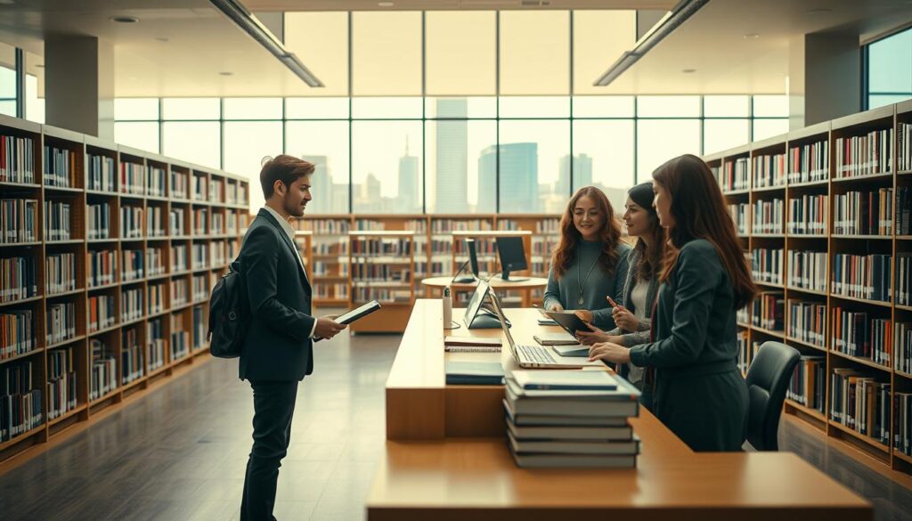 A spacious and well-lit library interior, with rows of bookshelves lining the walls. In the foreground, a librarian in a professional attire stands at a desk, assisting a group of young adults with job search resources and career guidance. The lighting is warm and inviting, creating a welcoming atmosphere. In the background, large windows provide natural illumination, revealing a picturesque city skyline outside. The scene conveys a sense of professionalism, knowledge-sharing, and personalized support for those seeking career opportunities within the library field.