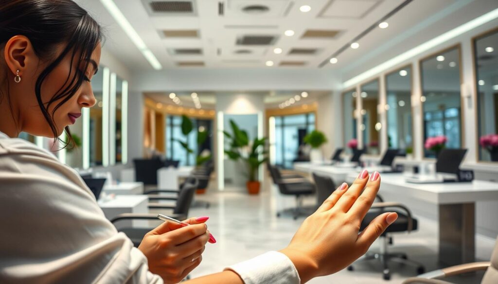 A spacious and well-lit nail salon, the foreground showcasing a skilled nail artist meticulously applying a vibrant nail polish to a client's hand. The middle ground captures the elegant and modern interior design, with sleek manicure stations and soothing natural lighting. In the background, a serene atmosphere with potted plants and soft music playing, creating a tranquil and pampering ambiance. The scene conveys the professionalism, attention to detail, and relaxing experience that a dedicated nail artist provides to their clients.