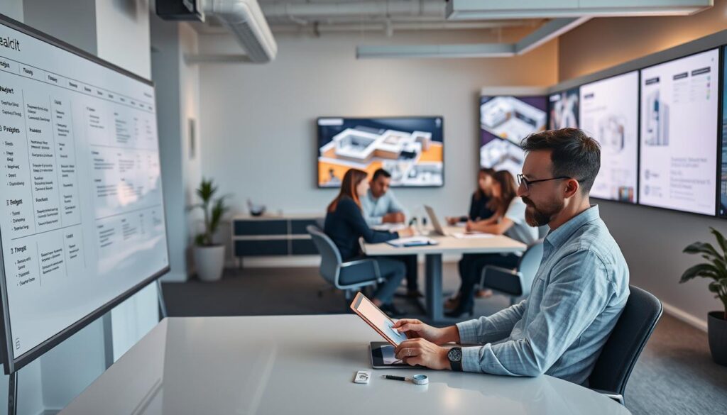 A spacious and well-lit office interior with a focus on the workflow of a spatial design project. In the foreground, a designer sits at a sleek, minimalist desk, intently sketching ideas on a digital tablet. Behind them, a large whiteboard displays a detailed project timeline and task list. In the middle ground, a team gathers around a conference table, discussing plans and concepts, their expressions engaged. In the background, a wall-mounted display showcases 3D renderings and floor plans, casting a soft, warm glow over the space. The overall atmosphere conveys a sense of collaboration, creativity, and efficient progress in the field of spatial design.