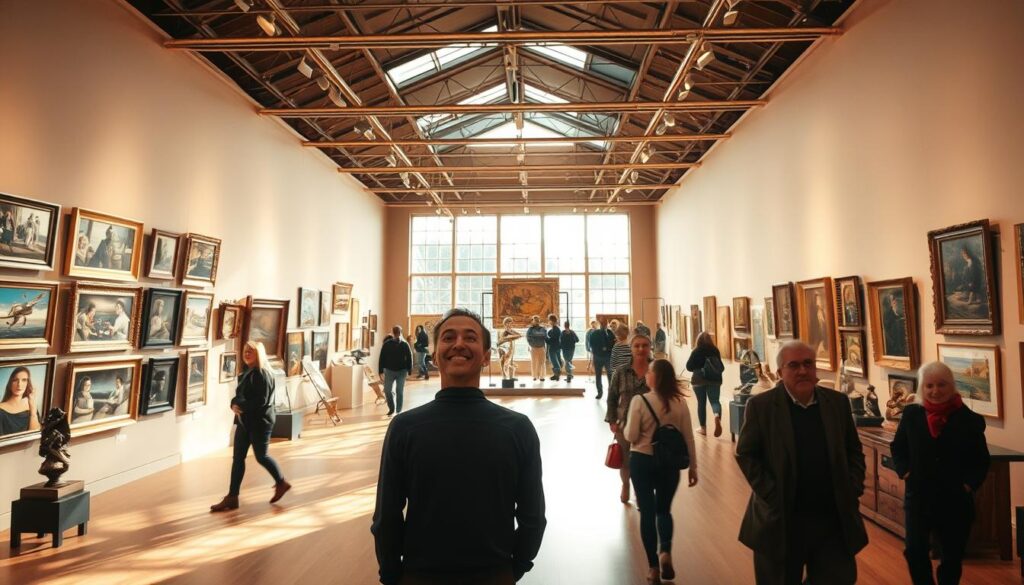 A spacious art gallery interior, bathed in warm, natural light pouring through large windows. In the foreground, a curator stands before a meticulously curated display, their face alight with enthusiasm as they contemplate the thoughtfully arranged artwork. The mid-ground showcases a diverse collection of paintings, sculptures, and installations, each piece carefully selected to evoke a specific emotional response. In the background, visitors wander the gallery, their expressions of wonder and appreciation reflecting the curator's passion for their craft. The scene conveys a sense of fulfillment, as the curator's hard work and dedication bring art to life, inspiring and delighting the audience.