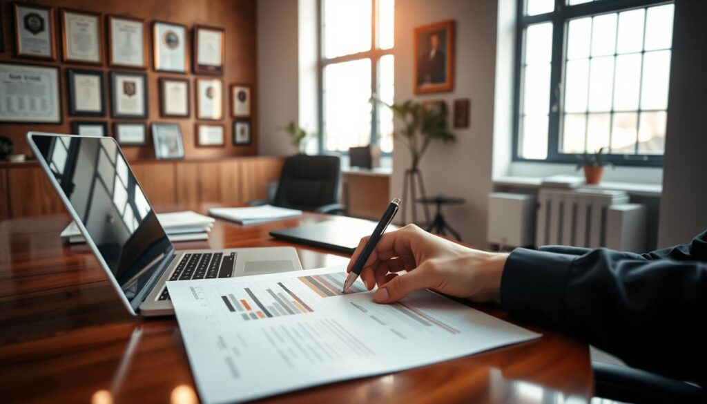 A spacious modern office with natural lighting streaming through large windows. On a polished wooden desk, a sleek laptop and several neatly organized files and documents. In the foreground, a person's hands meticulously crafting a professional-looking report, with charts, graphs, and clean typography. The walls are adorned with framed certificates and awards, conveying a sense of expertise and authority. The overall atmosphere is one of focus, efficiency, and attention to detail, reflecting the theme of "Effective Report Writing Techniques".