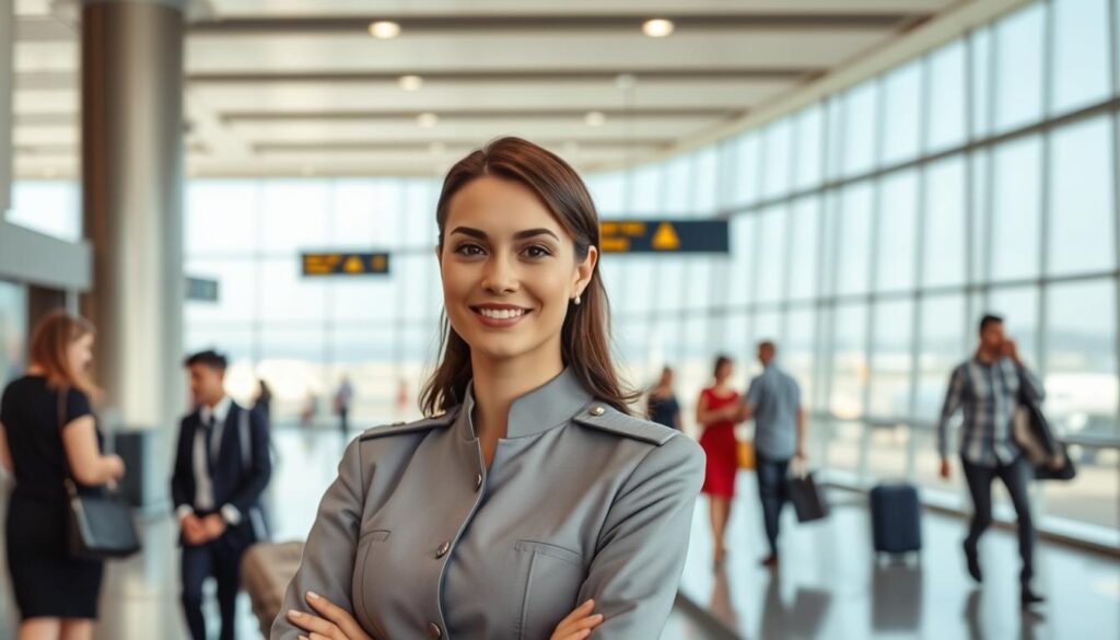 A spacious, well-lit airport departure lounge. In the foreground, a cabin crew member stands poised, exuding professionalism and warmth. She wears a crisp, tailored uniform with epaulets, her hair neatly styled. Her expression is attentive, conveying excellent customer service skills. In the middle ground, passengers move through the terminal, their faces reflecting a sense of ease and comfort. The background features floor-to-ceiling windows, offering a panoramic view of the tarmac, where aircraft are taking off and landing. The overall atmosphere is one of efficiency, organization, and hospitality - qualities essential for the modern cabin crew.