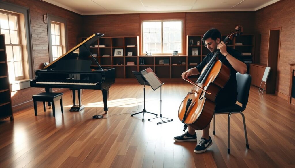 A spacious, well-lit classical music rehearsal studio, with a grand piano and an elegant wooden cello on a stand in the center. Warm, natural lighting filters in through large windows, casting a cozy glow on the polished hardwood floors and rich, textured walls. Shelves along the walls hold sheet music, metronomes, and other musical instruments. In the foreground, a cellist sits on a cushioned chair, intently focused on practicing, their fingers gracefully moving along the fingerboard as they produce a resonant, soulful melody. The overall atmosphere is one of focused artistry and creative inspiration, befitting the dedicated work environment of a professional cellist.