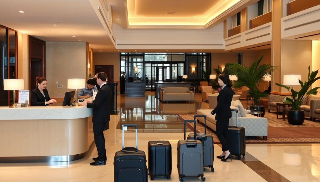 A spacious, well-lit hotel lobby with a reception desk in the foreground. Smartly dressed hotel staff efficiently managing guest check-in and check-out procedures. The middle ground features a concierge station and luggage carts, while the background showcases plush seating areas and decorative plants. Warm, inviting lighting casts a professional, yet serene atmosphere. The scene conveys a sense of organized, high-quality hotel operations overseen by a capable general manager.