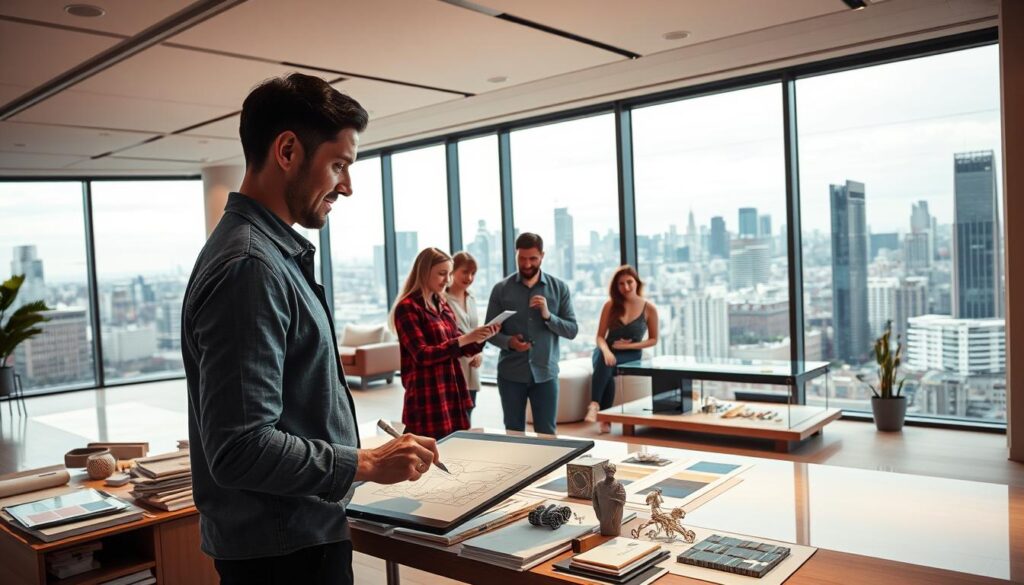 A spacious, well-lit interior design studio, with a large window overlooking a bustling city skyline. The foreground features a designer at work, intently sketching on a digital tablet, surrounded by samples of materials, color palettes, and 3D models. The middle ground showcases a team of designers collaborating on a digital rendering of a sleek, modern living space, their expressions animated as they brainstorm ideas. The background captures the panoramic view, with the city's architecture reflecting the designer's artistic vision. Warm, diffused lighting creates a sense of inspiration and creativity, capturing the joy and fulfillment of the space design profession.
