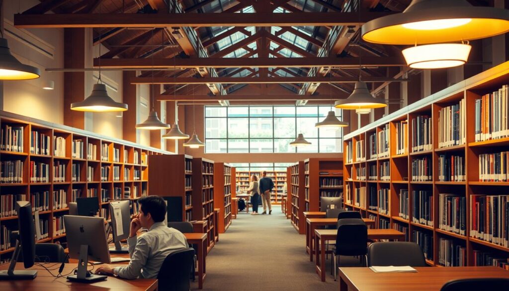 A spacious, well-lit library interior with wooden shelves and desks. In the foreground, a librarian sits at a computer, focused on their work. Soft, indirect lighting from overhead lamps casts a warm glow. Bookshelves line the walls, creating a cozy, scholarly atmosphere. The middle ground features a few patrons browsing the stacks, while the background reveals a sunny, expansive reading area with large windows. The overall scene conveys a sense of tranquility, productivity, and intellectual engagement, reflecting the professional environment of a dedicated library staff.