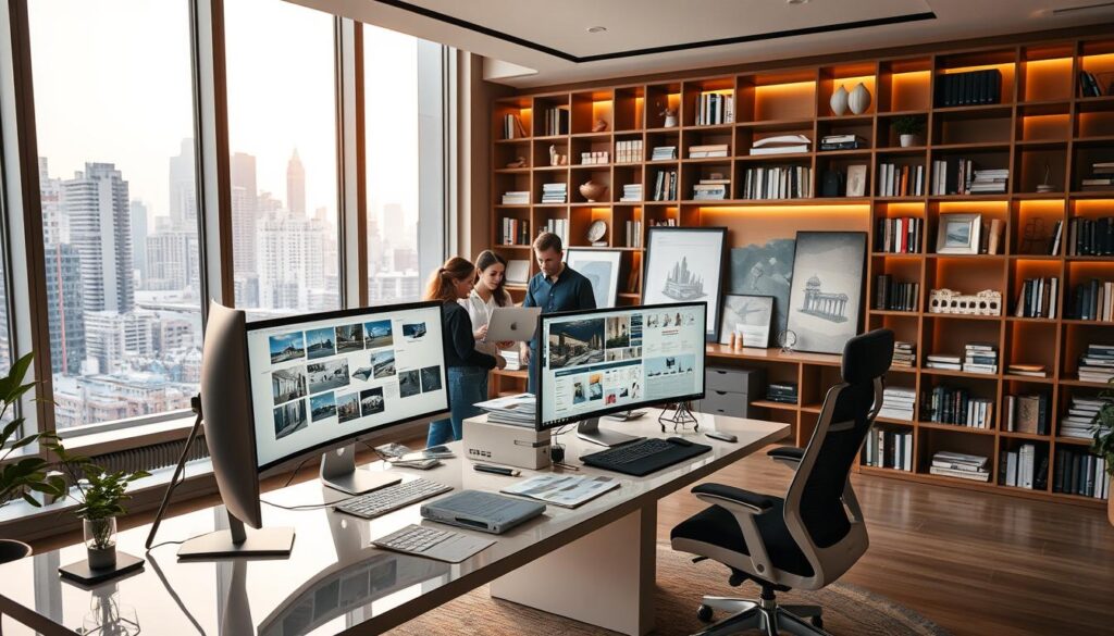 A spacious, well-lit modern interior design studio, with floor-to-ceiling windows overlooking a bustling city skyline. In the foreground, an elegant, ergonomic desk hosting a sleek computer setup and various design tools. The middle ground features a team of talented interior designers collaborating on 3D renderings and mood boards, their faces illuminated by the warm glow of their screens. The background showcases bookshelves filled with design reference materials, inspirational artwork, and scale models, hinting at the depth of knowledge and creativity within this dynamic workspace. The overall atmosphere conveys a sense of innovation, collaboration, and the boundless potential of the interior design profession.