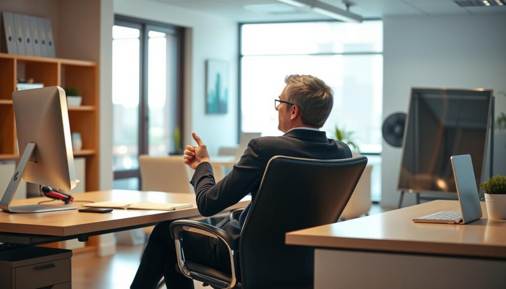 A spacious, well-lit office setting with a desk, computer, and a professional-looking person sitting in a chair, deep in conversation with a job seeker. The job seeker appears engaged, discussing their career aspirations. Warm, natural lighting illuminates the scene, creating a welcoming atmosphere. The background features other office elements, such as shelves or potted plants, suggesting a supportive work environment. The overall mood conveys a productive, collaborative partnership between the job seeker and the career consultant, reflecting the helpful nature of the employment agency service.