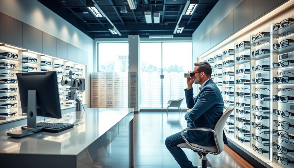 A spacious, well-lit optometry clinic with a modern, minimalist design. In the foreground, an optometrist sits at a sleek, ergonomic desk, intently examining a patient's eyes using advanced diagnostic equipment. The middle ground features rows of stylish, contemporary eyeglass frames displayed on backlit shelves, creating a visually appealing and inviting atmosphere. The background showcases floor-to-ceiling windows, allowing natural light to flood the space and create a warm, airy ambiance. The overall scene conveys a sense of professionalism, efficiency, and a commitment to providing high-quality eye care in a comfortable, state-of-the-art environment.