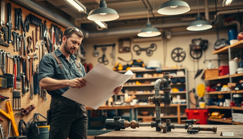 A spacious workshop interior, bathed in warm, directional lighting from overhead industrial lamps. In the foreground, a skilled plumber in overalls and work boots is intently studying a set of blueprints, his face set with focus and determination. Hanging on the walls behind him are an assortment of specialized tools - wrenches, pliers, pipe cutters, and more - each essential for the diverse tasks a plumber must undertake. In the middle ground, a partially disassembled section of piping system lies on a workbench, hinting at the problem-solving and technical expertise required to diagnose and repair complex plumbing systems. The background is filled with shelves of parts, fittings, and other plumbing supplies, conveying the depth of knowledge a skilled plumber must possess to effectively carry out their work.