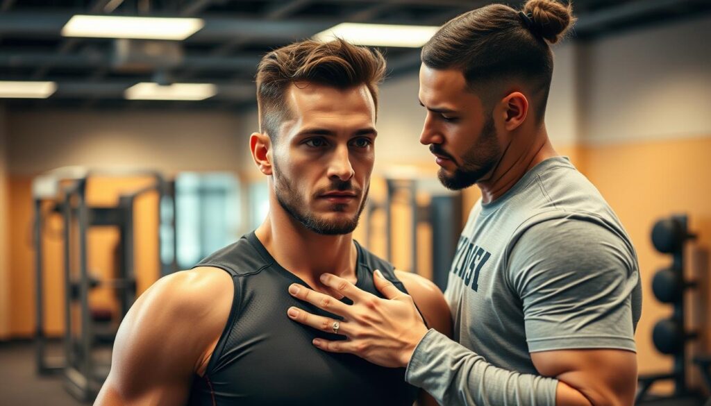 A sports medicine clinic, with an athletic trainer meticulously examining a professional athlete's muscles and joints, assessing their condition and developing a personalized rehabilitation plan. The scene is bathed in warm, soft lighting, conveying a sense of care and attention to detail. The athlete's face is captured in thoughtful contemplation, as the trainer's experienced hands gently guide the assessment. In the background, state-of-the-art equipment and soothing, neutral-toned decor create a professional, yet calming atmosphere, perfectly suited for the athlete's recovery and conditioning support.