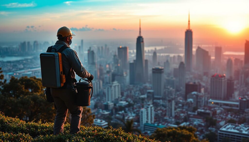 A sprawling city skyline at dusk, illuminated by the warm glow of the setting sun. In the foreground, a silhouette of a pest control operator, equipped with professional-grade gear, navigating through a lush garden. The middle ground showcases bustling urban life, with residents going about their daily activities, highlighting the growing demand for pest control services. In the background, a vision of the future emerges - towering skyscrapers, advanced infrastructure, and a thriving, environmentally-conscious community, hinting at the long-term prospects and evolution of the pest control industry. The scene exudes a sense of dynamism, progress, and the increasing importance of maintaining a healthy, sustainable living environment.