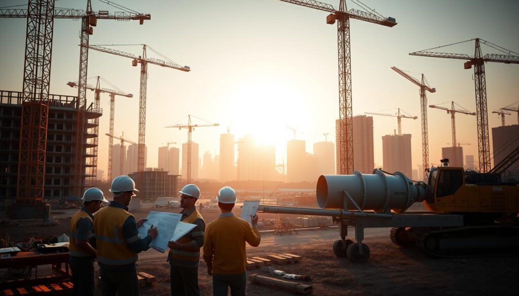 A sprawling construction site bustles with activity, cranes towering over the landscape. In the foreground, a team of engineers examines blueprints, discussing the latest building techniques. The middle ground showcases modern construction machinery - a sleek, autonomous excavator and a 3D-printed concrete mixer. In the background, a skyline of partially completed high-rises hints at the scale and ambition of the projects underway. Warm, diffused sunlight filters through the scene, creating a sense of progress and innovation. The overall mood evokes the dynamic, ever-evolving nature of the construction industry and its embrace of cutting-edge technologies.