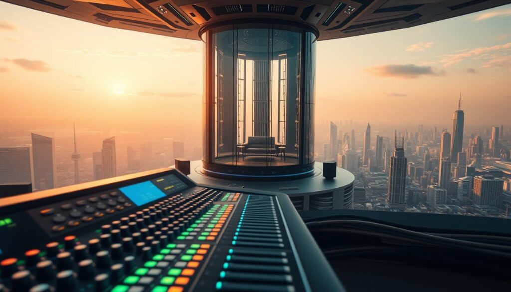A sprawling soundwave landscape, where the future of audio engineering takes shape. In the foreground, a mixing console with intricate knobs and faders, its LED displays glowing with digital readouts. The middle ground features a towering, futuristic recording booth, its transparent walls revealing the latest sound-dampening technology. In the background, a panoramic vista of skyscrapers and innovation hubs, symbolizing the rapid advancements in the industry. Soft, warm lighting illuminates the scene, creating a sense of optimism and boundless potential. The overall mood evokes a harmonious fusion of cutting-edge technology and creative expression, hinting at the boundless possibilities that await the next generation of sound designers.